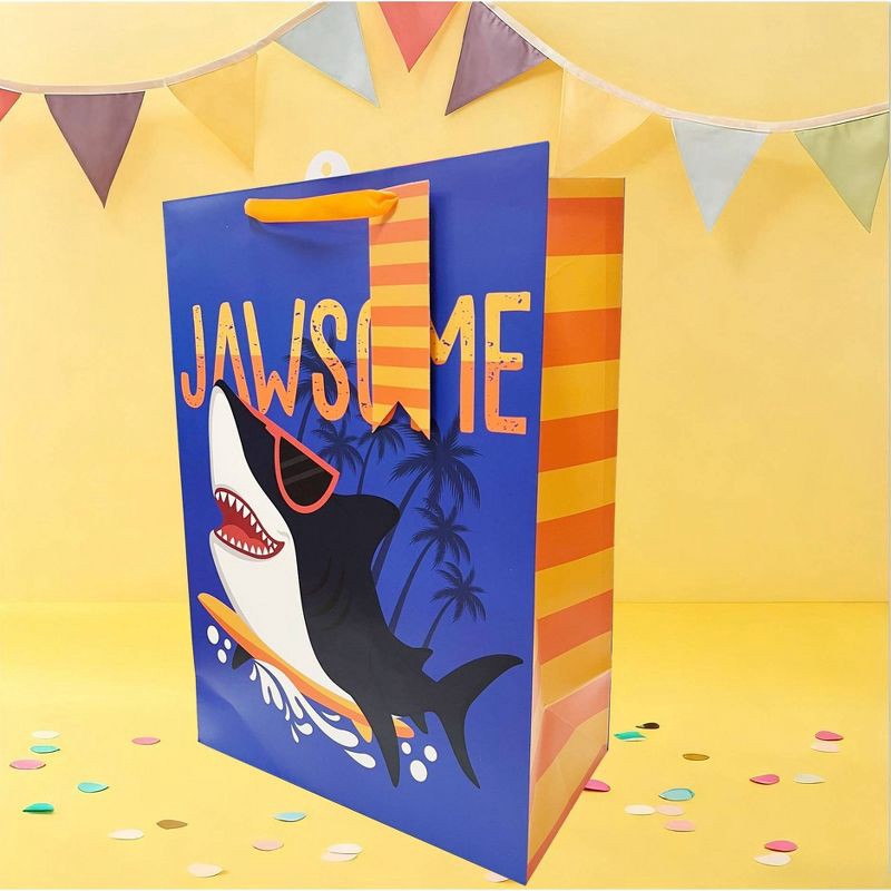 slide 2 of 3, Bows And Sparkles Jumbo 'Jawsome' Sharks Birthday Gift Bag with Tag Blue/Orange, 1 ct