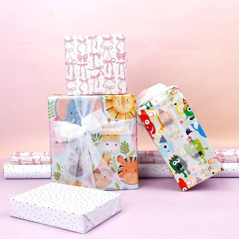 slide 2 of 3, Bows And Sparkles 96"x30" Monsters Birthday Gift Wrapping Paper White, 1 ct