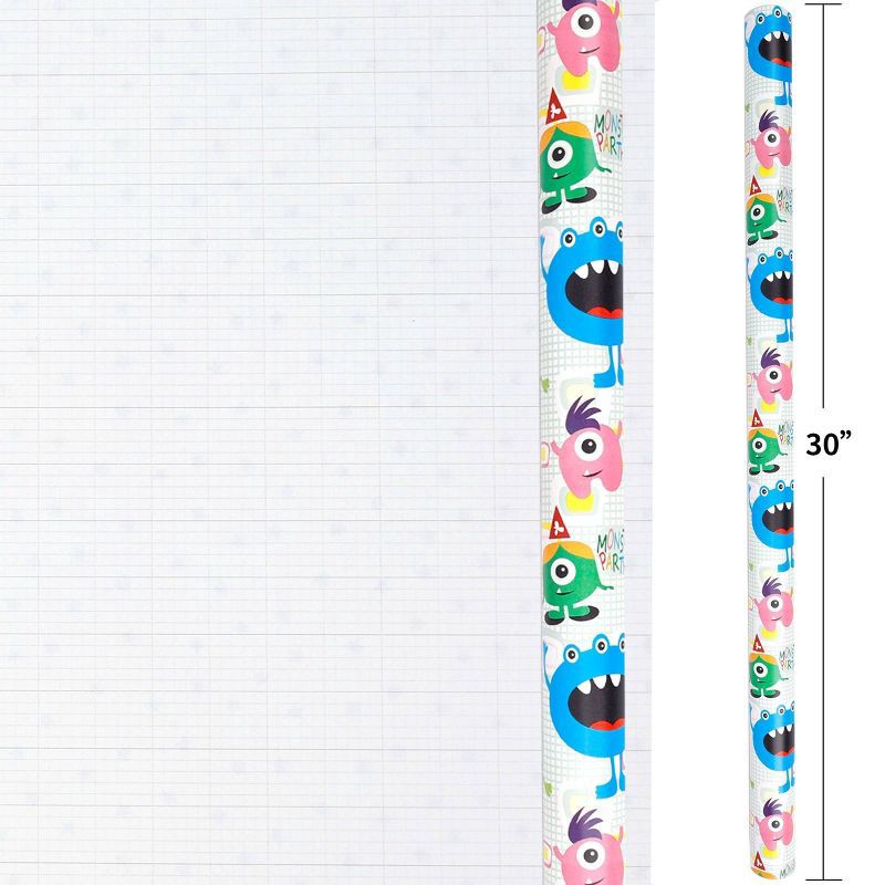 slide 3 of 3, Bows And Sparkles 96"x30" Monsters Birthday Gift Wrapping Paper White, 1 ct