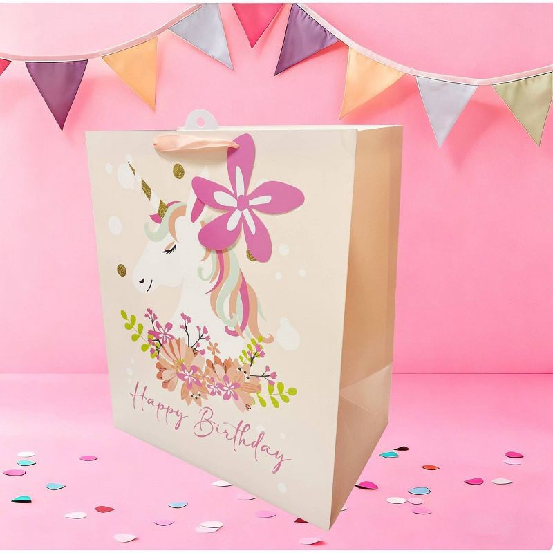 slide 2 of 3, Bows And Sparkles Xlarge 'Happy Birthday' Unicorn Gift Bag with Tag Pink, 1 ct