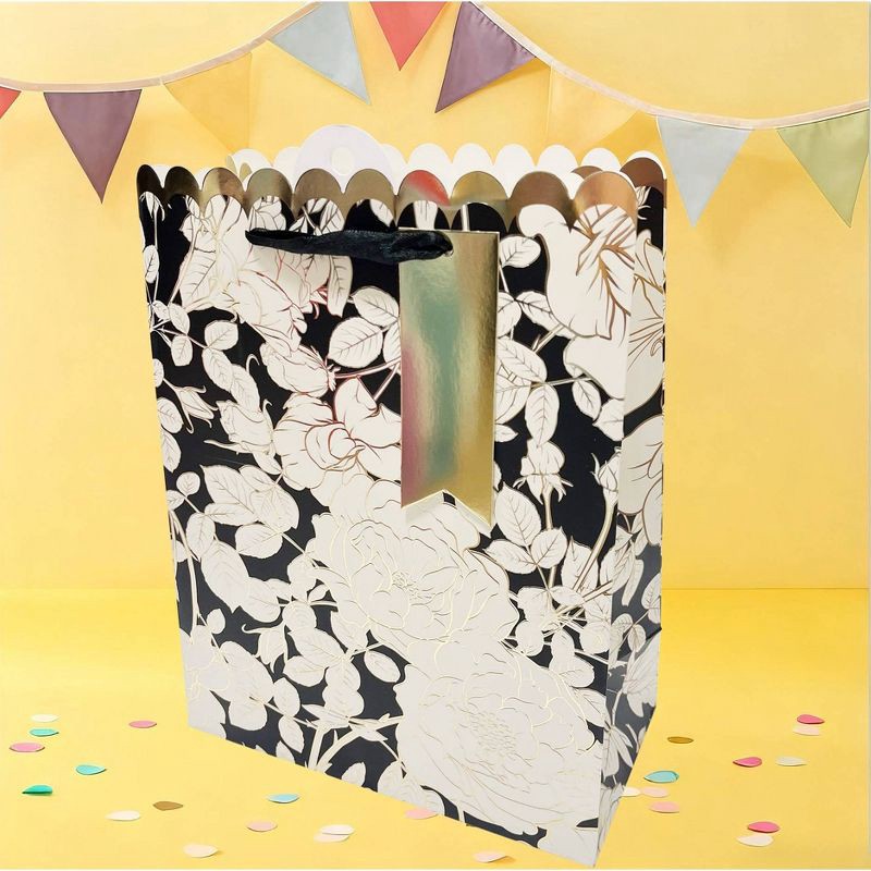 slide 2 of 3, Bows And Sparkles Medium Floral Wedding Gift Bag with Tag Black/Gold, 1 ct