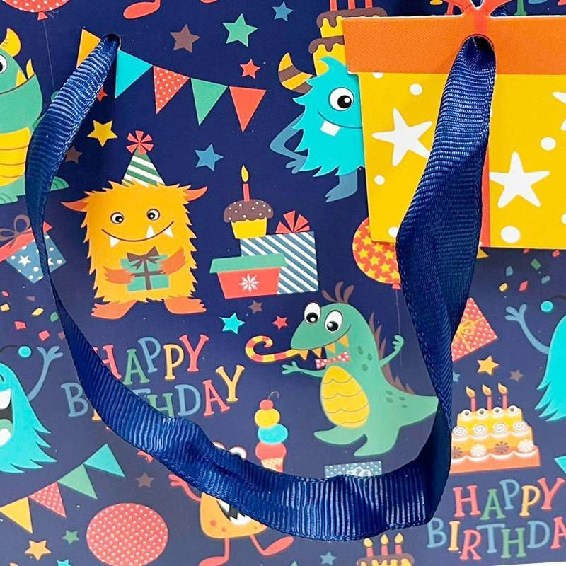 slide 3 of 3, Bows And Sparkles Small Monsters Birthday Gift Bag with Tag Navy, 1 ct
