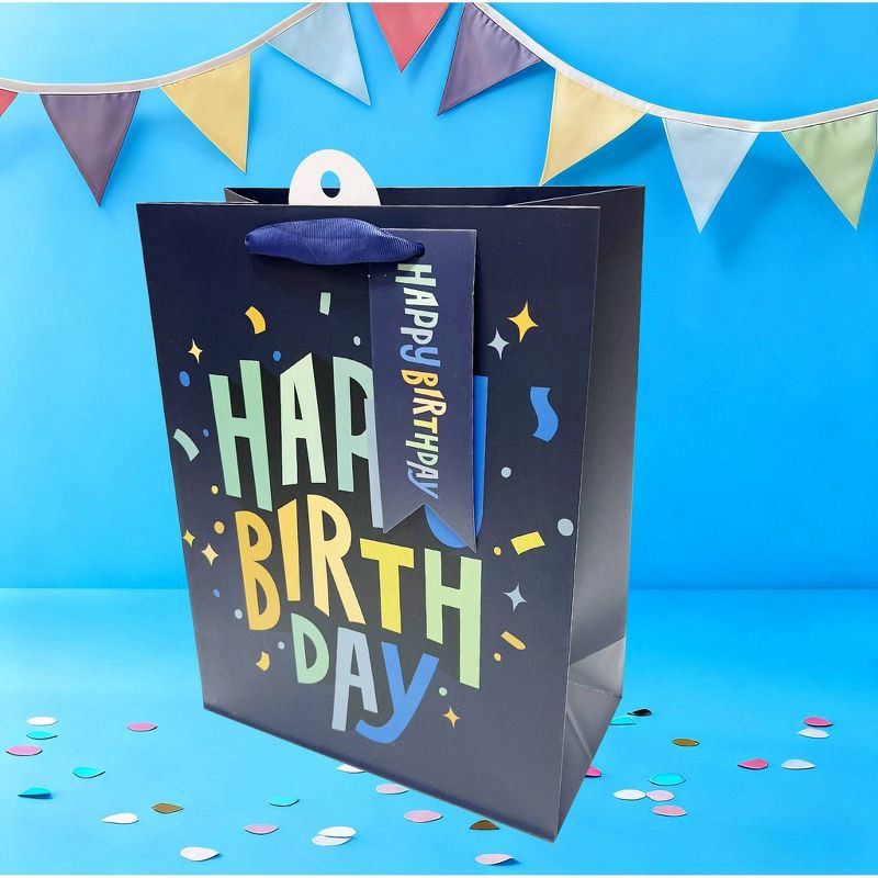 slide 2 of 3, Bows And Sparkles Medium 'Happy Birthday' Gift Bag with Tag Navy, 1 ct