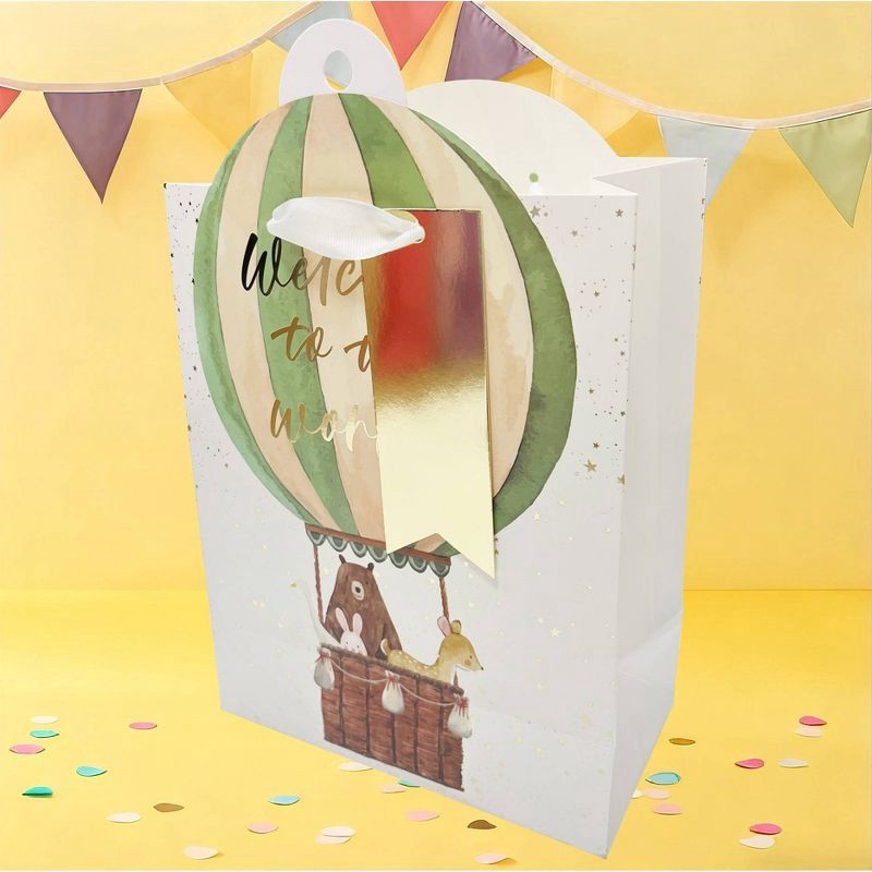 slide 2 of 3, Bows And Sparkles Small 'Welcome to the World' Hot Air Balloon Baby Gift Bag with Tag White/Green/Gold, 1 ct