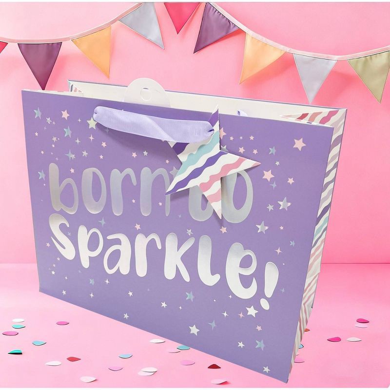 slide 2 of 3, Bows And Sparkles Large 'Born To Sparkle' Birthday Gift Bag with Tag Purple, 1 ct