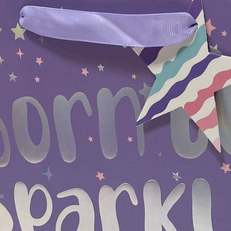 slide 3 of 3, Bows And Sparkles Large 'Born To Sparkle' Birthday Gift Bag with Tag Purple, 1 ct