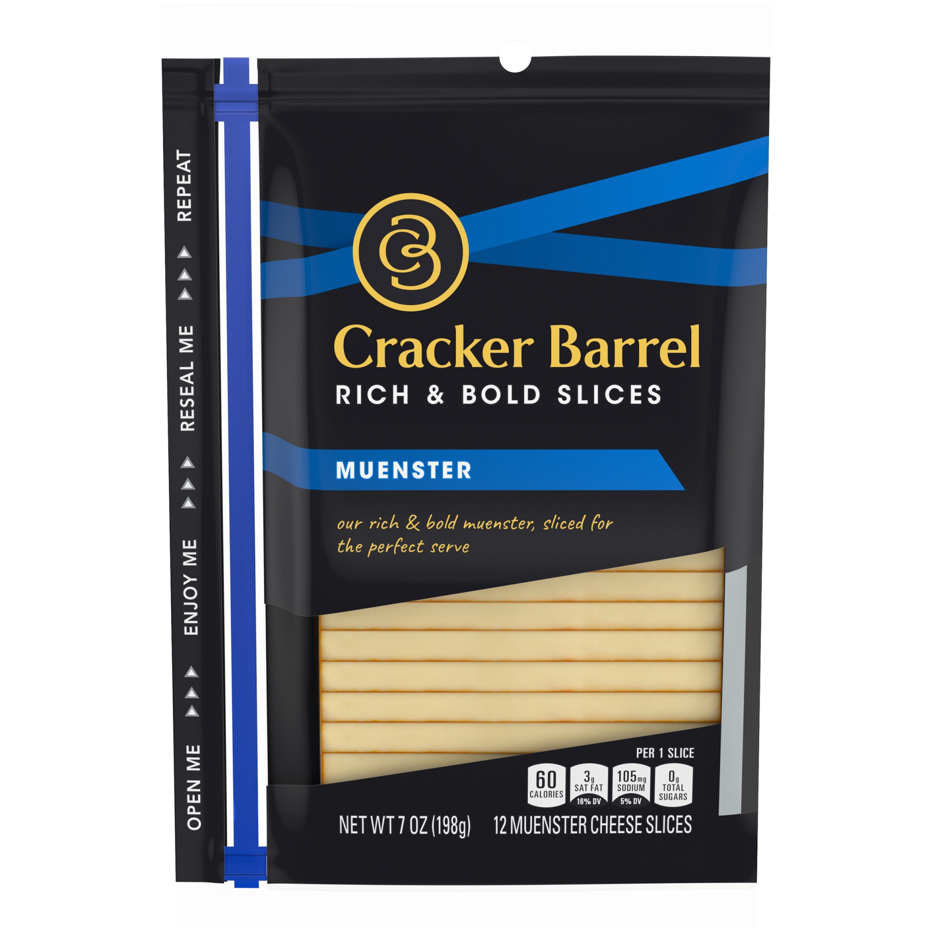 slide 1 of 6, Cracker Barrel Rich & Bold Muenster Cheese Slices Pack, 7 oz