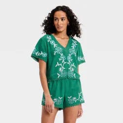 Women's Short Sleeve Cutwork V-Neck Blouse - Universal Thread™ Green L