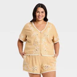 Women's Short Sleeve Cutwork V-Neck Blouse - Universal Thread™ Tan XXL