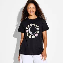 Mighty Fine Women's Floral Butterfly Moon Phase Short Sleeve Graphic T-Shirt - Black XL