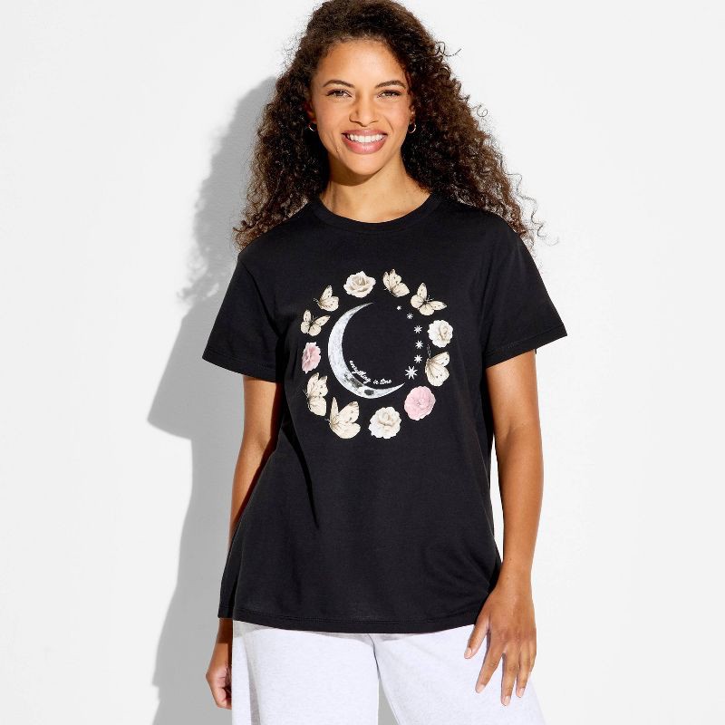 slide 1 of 6, Mighty Fine Women's Floral Butterfly Moon Phase Short Sleeve Graphic T-Shirt - Black XXL, 1 ct