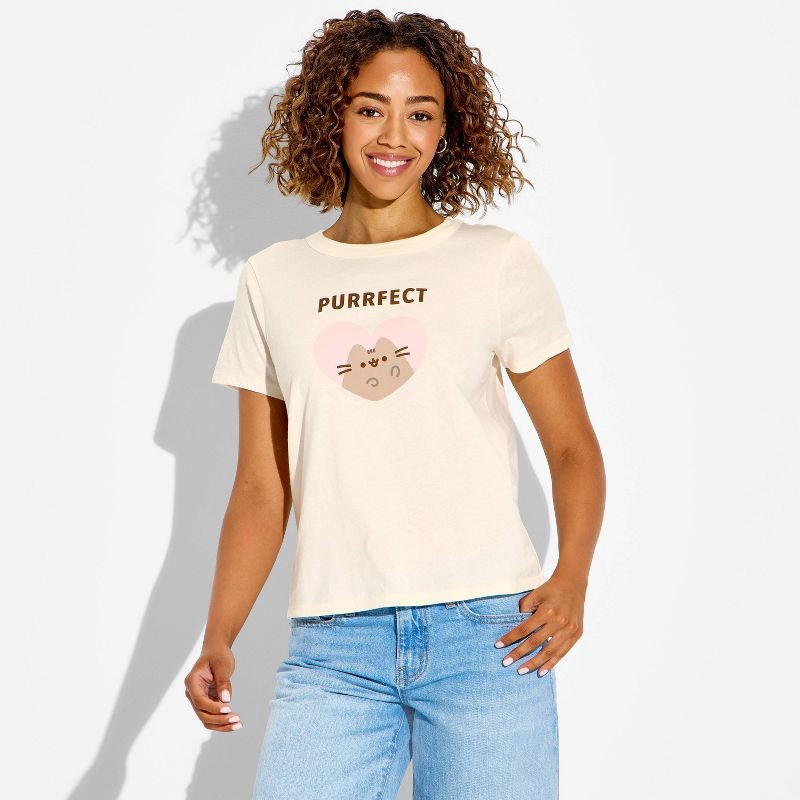 slide 1 of 3, Women's Purrfect Pusheen Short Sleeve Graphic T-Shirt - White S, 1 ct