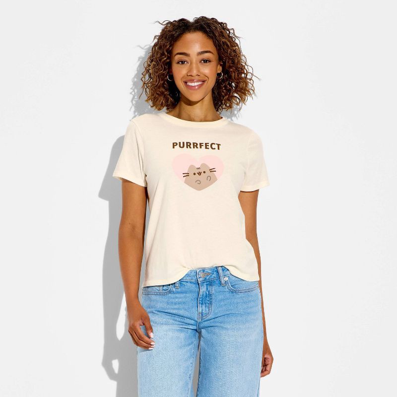 slide 2 of 3, Women's Purrfect Pusheen Short Sleeve Graphic T-Shirt - White L, 1 ct