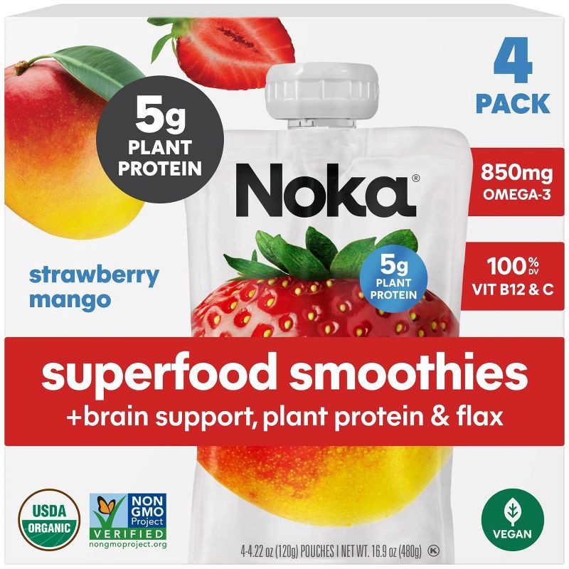 slide 1 of 7, Noka Superfood Smoothie Strawberry Mango + Brain Support Fruit Pouches - 16.9oz/4pk, 4 ct; 16.9 oz