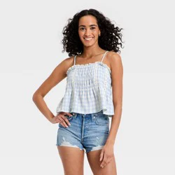 Women's Lace Smocked Square Neck Blouse - Universal Thread™ Blue Plaid XL