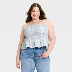 Women's Lace Smocked Square Neck Blouse - Universal Thread™ Blue Plaid XXL
