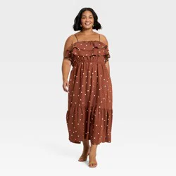 Women's Sleeveless Ruffle Maxi A-Line Dress - A New Day™ Brown Polka Dots XXL