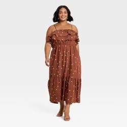 Women's Sleeveless Ruffle Maxi A-Line Dress - A New Day™ Brown Polka Dots XXL