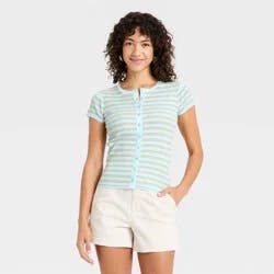 Women's Short Sleeve Button-Front Sweater - A New Day™ Light Blue M