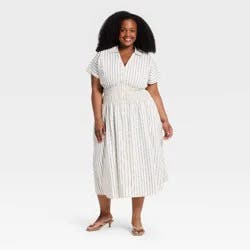 Women's Plus Dolman Short Sleeve Maxi Shirtdress - Ava & Viv™ Cream/Blue Striped 1X