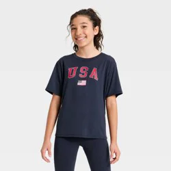 Girls' Fourth of July 'USA' Graphic Active T-Shirt - All In Motion™ Navy Blue L