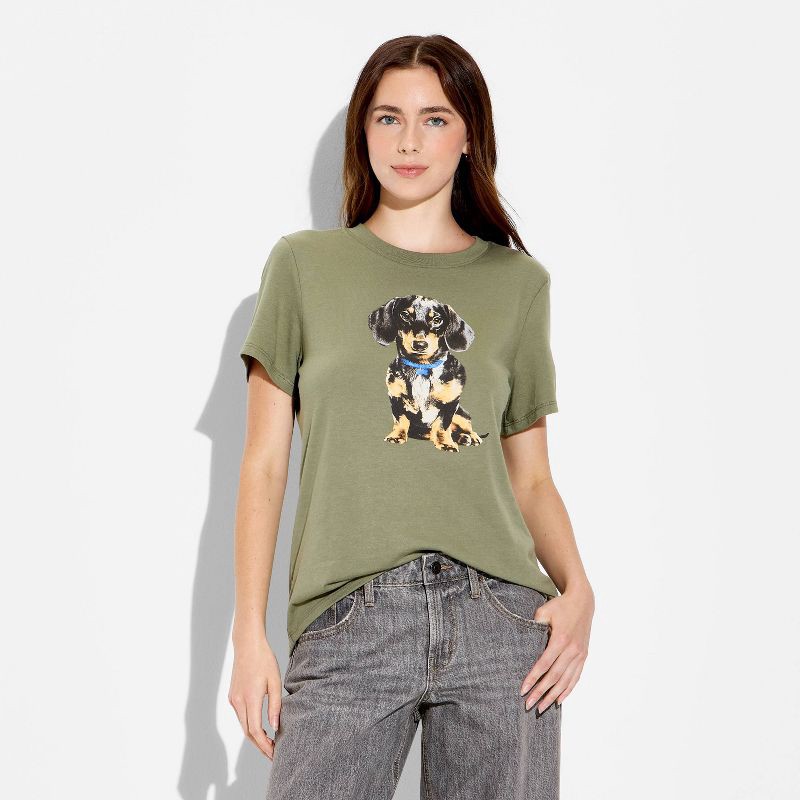 slide 2 of 3, Zoe+Liv Women's Dachshund Dog Short Sleeve Graphic T-Shirt - Green L, 1 ct