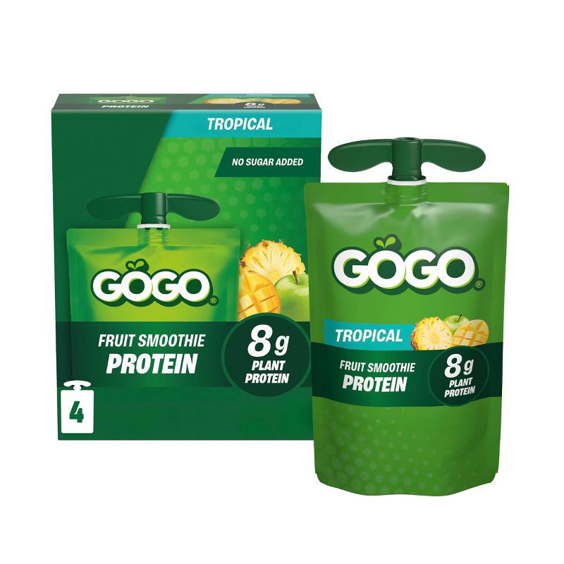 slide 1 of 9, GoGo SqueeZ ACTIVE Fruit Smoothie Protein Tropical Fruit Pouches - 15.01 fl oz/4ct, 15.01 fl oz, 4 ct