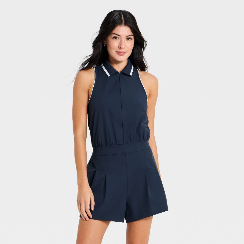 slide 1 of 5, Women's Sleeveless Knit Pleated Romper - All In Motion™ Navy Blue M, 1 ct