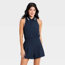 Women's Sleeveless Knit Pleated Romper - All In Motion™ Navy Blue L
