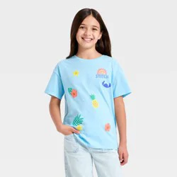 Girls' Disney Stitch Aloha Oversized Front and Back Short Sleeve Graphic T-Shirt - Light Blue M