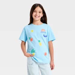 Girls' Disney Stitch Aloha Oversized Front and Back Short Sleeve Graphic T-Shirt - Light Blue M