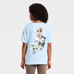 Sanrio Girls' Hello Kitty x Powerpuff Girls Oversized Front and Back Graphic Short Sleeve T-Shirt - Blue L
