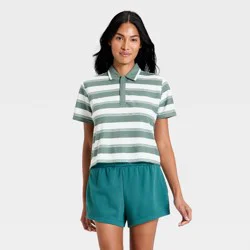 Women's Boxy Crop Polo Tee Shirt -All In Motion™ Forest Green Stripe L