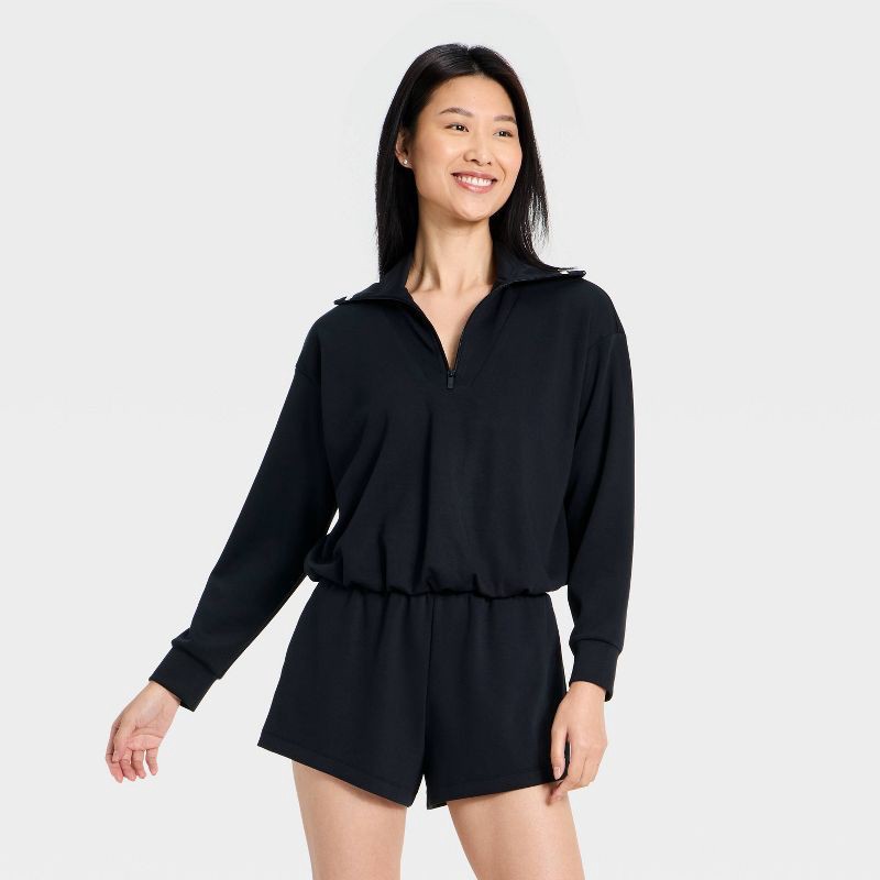 slide 1 of 5, Women's Airy Sleek Pique 1/2 Zip Bubble Hem Collared Pullover Sweatshirt - All In Motion™ Black M, 1 ct