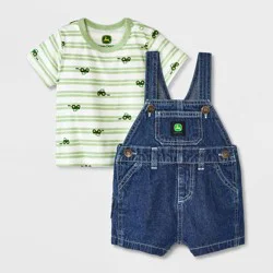Baby Boys' 2pc John Deere Denim Shorts Overalls Set - Blue 18M
