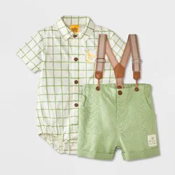 Baby Boys' 2pc Disney Winnie the Pooh Collection Shorts Suspender Set - Green 3-6M