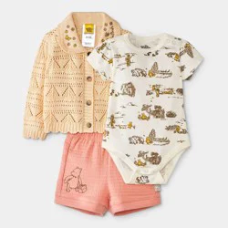 Baby Girls' 3pc Disney Winnie the Pooh Collection Bodysuit, Cardigan and Shorts Set - Yellow 0-3M