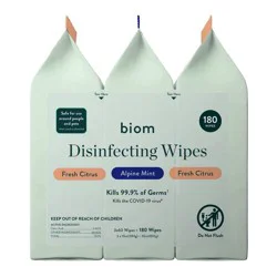 Biom Plastic Free Plant Based Disinfecting Wipes - Variety - 3pk/180ct: Ammonia-Free, Paraben-Free, Mint Scent