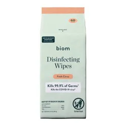 Biom Plastic Free Plant Based Disinfecting Wipes - Fresh Citrus - 60ct: Ammonia-Free, Aluminum-Free, Paraben-Free