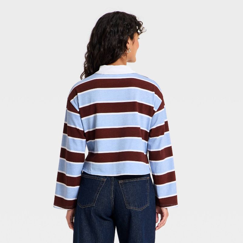 slide 2 of 3, Women's Long Sleeve Button-Down Polo T-Shirt - Universal Thread™ Blue Striped M, 1 ct