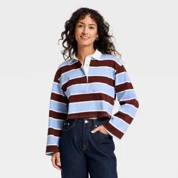Women's Long Sleeve Button-Down Polo T-Shirt - Universal Thread™ Blue Striped L