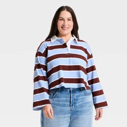 Women's Long Sleeve Button-Down Polo T-Shirt - Universal Thread™ Blue Striped XXL