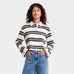 Women's Long Sleeve Button-Down Polo T-Shirt - Universal Thread™ Cream Striped S