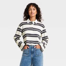 Women's Long Sleeve Button-Down Polo T-Shirt - Universal Thread™ Cream Striped L