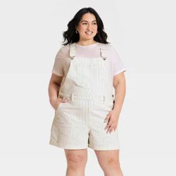 Women's Denim Shortall Romper - Ava & Viv™ Off-White Pinstripe 18