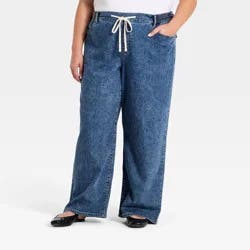 Women's Tie-Waist Straight Leg Jeans - Ava & Viv™ Medium Wash 24