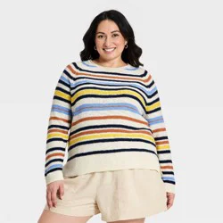 Women's Long Sleeve Crewneck Beach Pullover Sweater - Ava & Viv™ Nautical Striped 3X