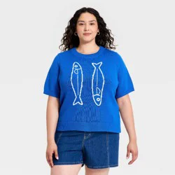 Women's Short Sleeve Crewneck Icon Pullover Sweater - Ava & Viv™ Blue Fish 1X