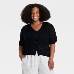 Women's V-Neck Openwork Textured Button-Up Cardigan - Ava & Viv™ Black 1X