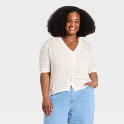 Women's V-Neck Openwork Textured Button-Up Cardigan - Ava & Viv™ Cream 3X